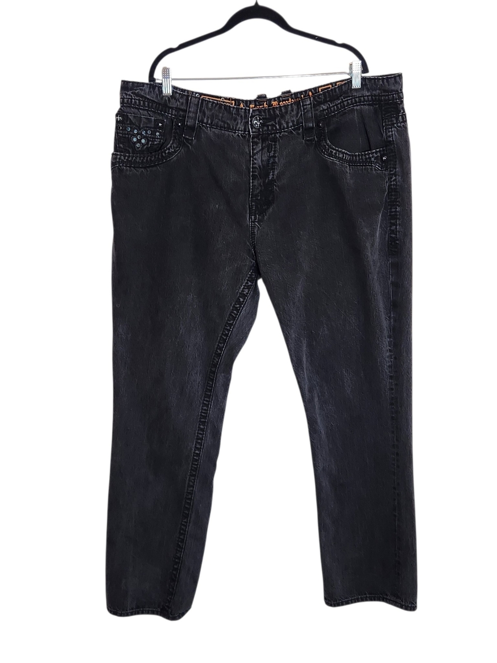 Rock Revival Coty Alt Straight Black Denim Jeans Distressed Embellished Size 44